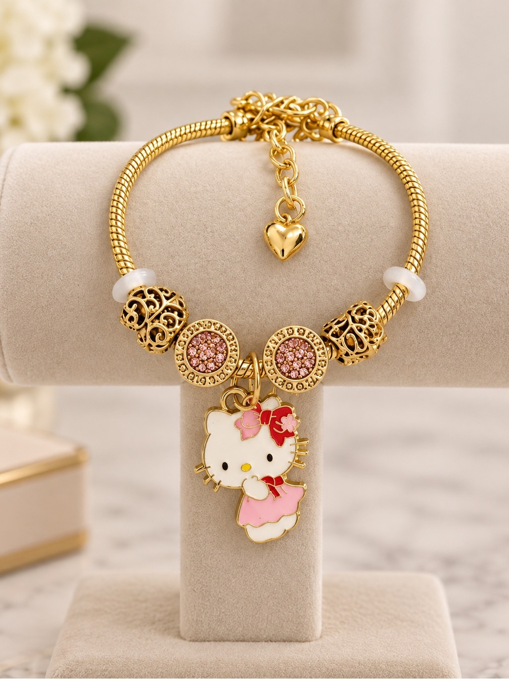 Hello Kitty Gold-Plated Pink Enamel Charm Bracelet